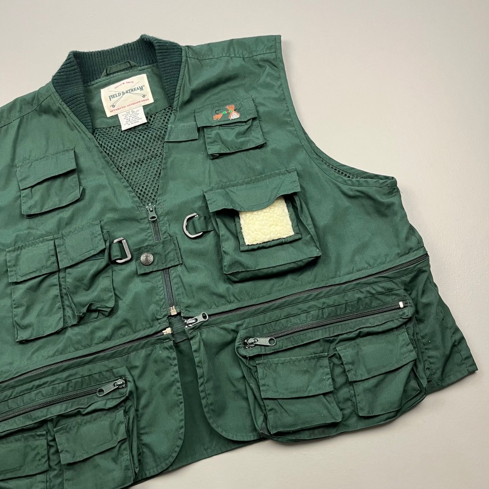 VTG Field & Stream Fishing Vest Mens XL Green Multi Pocket Convertible SPR-331
